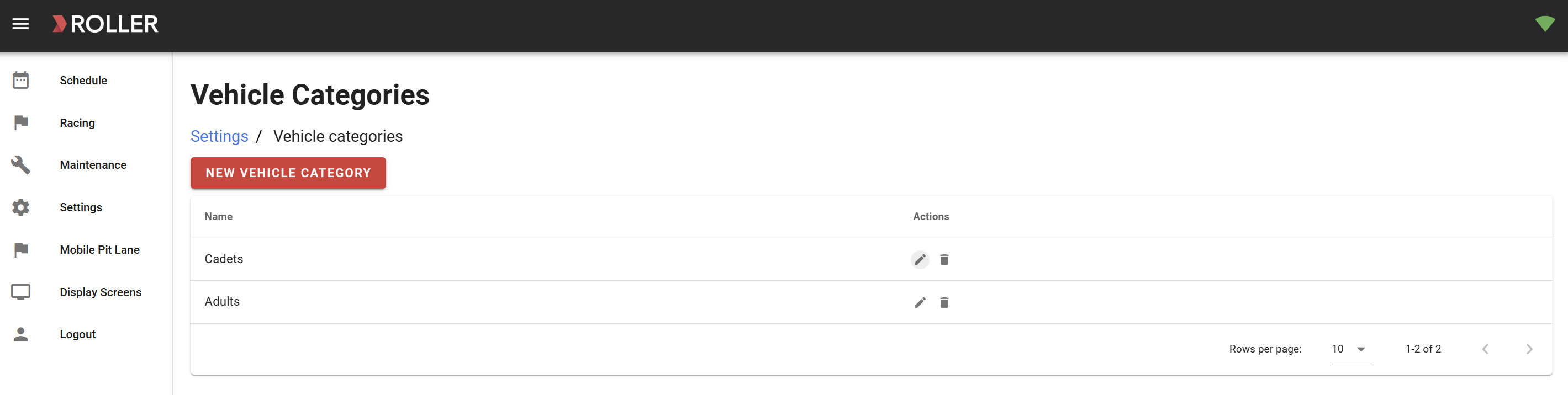 Settings page displaying vehicle categories with options to add or edit categories.